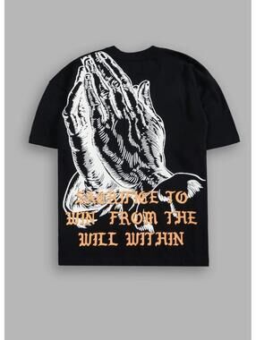 Black Graphic Praying Hands T-Shirt with Text Print